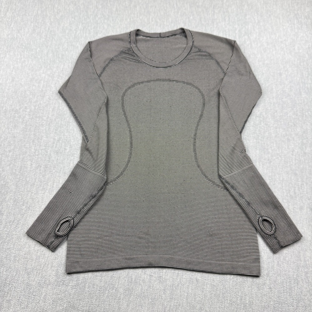 Lululemon Shirt Womens 10 Gray Stripe Swiftly Tech Long Sleeve Crew Running Gym